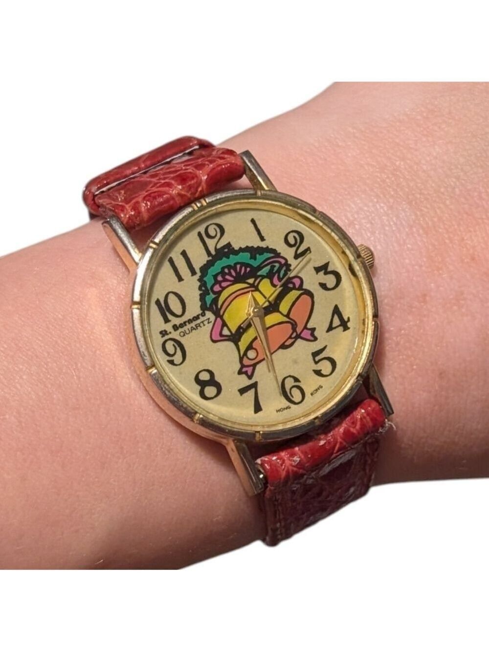 Vintage Holiday Festive St. Bernard Quartz Red and Gold Wristwatch Bells Wreath